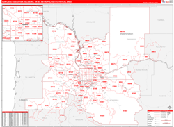 Portland-Vancouver-Hillsboro Metro Area Wall Map Red Line Style 2024